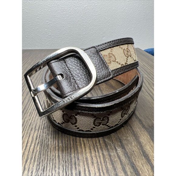 Gucci GG Canvas Mono Leather Palladium Silver Buckle Belt Brown Sz 34 - Picture 5 of 11